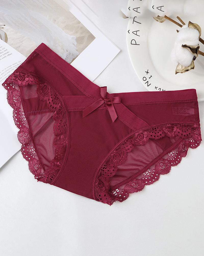 

Crochet Lace Bowknot Decor Panty, Wine red