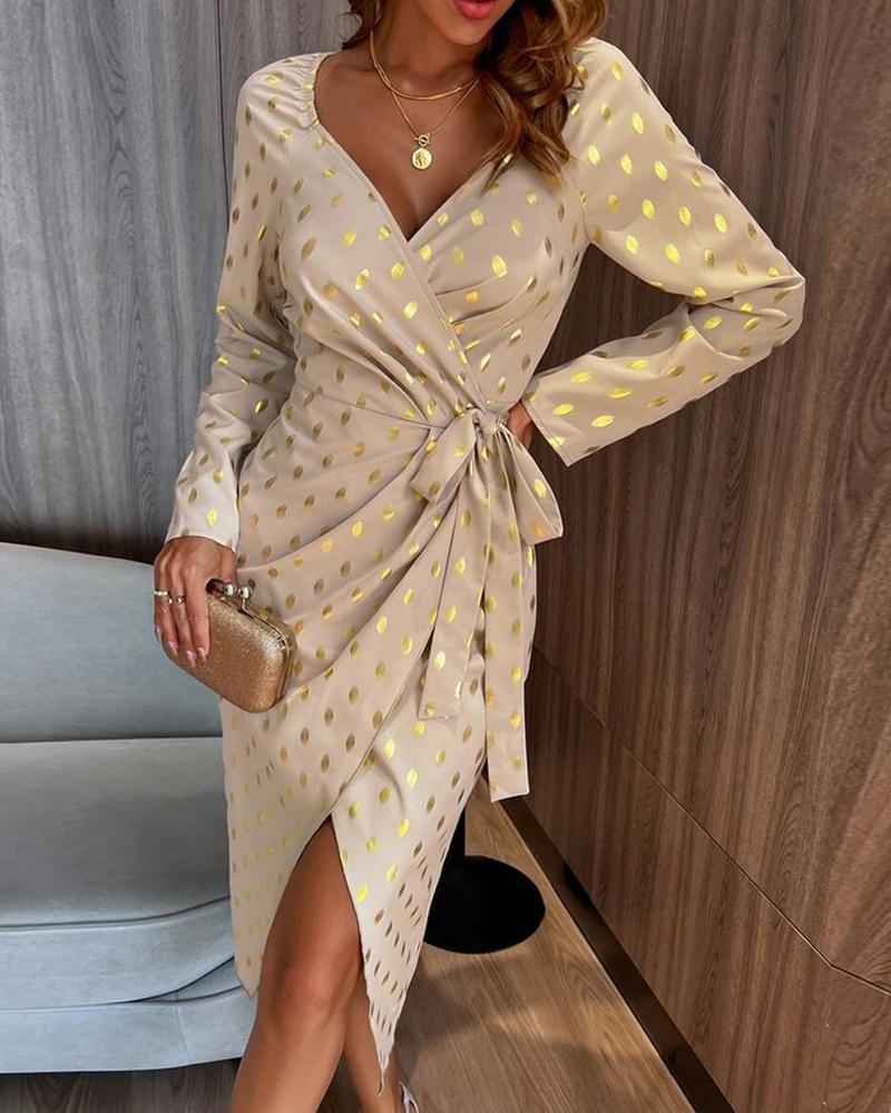 

Metallic Polka Dot Tied Detail Wrap Dress, Apricot