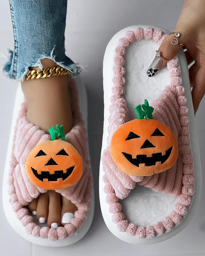 

Halloween Pumpkin Pattern Cross Strap Fuzzy Slippers, Pink