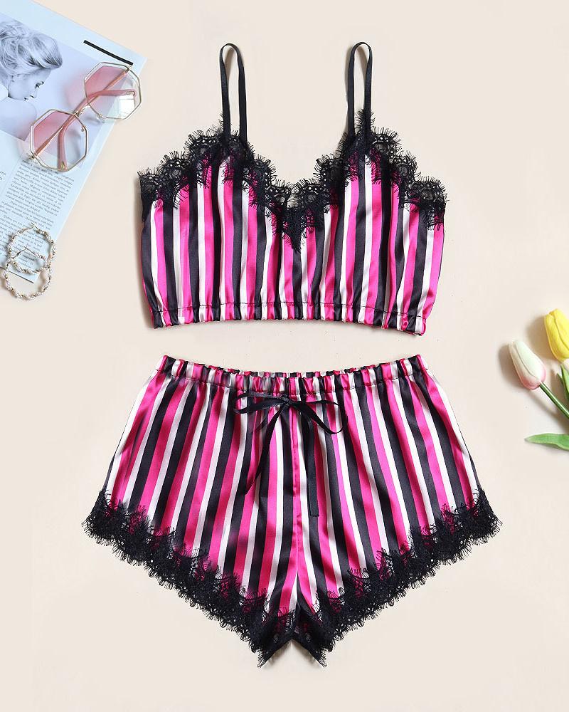 

V-neck Striped Eyelash Lace Cami Sets, Hot pink