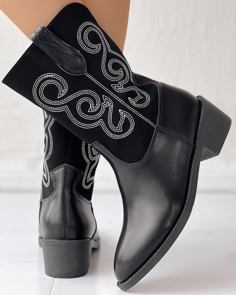 

Embroidery Colorblock Cowgirl Vintage Knight Boots, Black