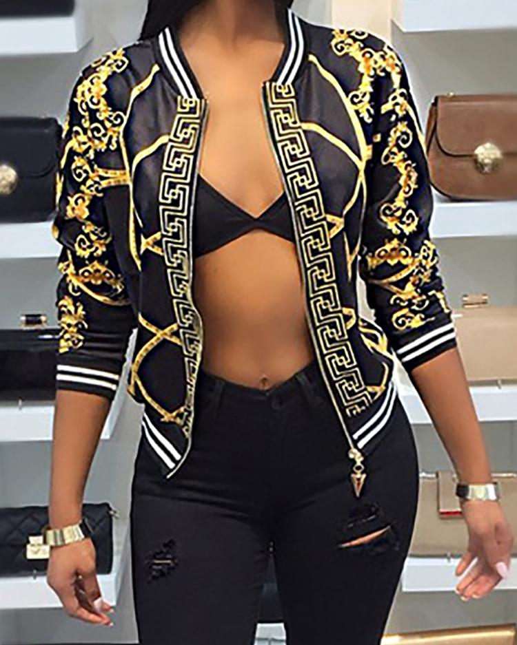 

Long Sleeve Baroque Print Bomber Jacket, Black