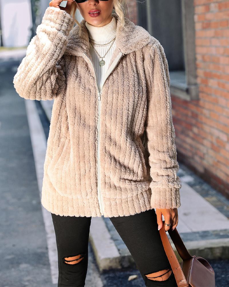 

Long Sleeve Zip Up Teddy Coat, Khaki