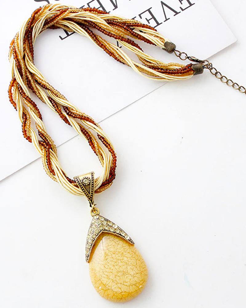 

1pc Bohemian Vintage Water Drop Shaped Gem Stone Pendant Necklace, Yellow