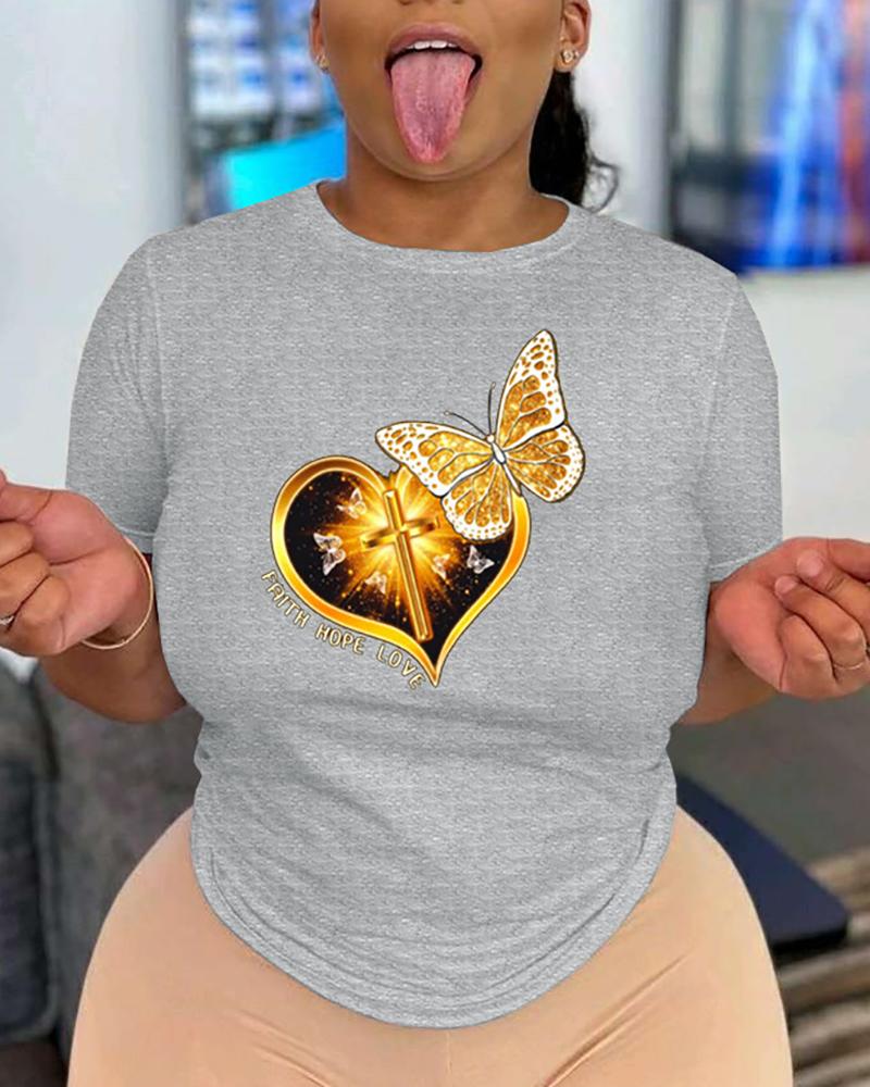 

Butterfly Heart Cross Print Short Sleeve T-shirt, Gray