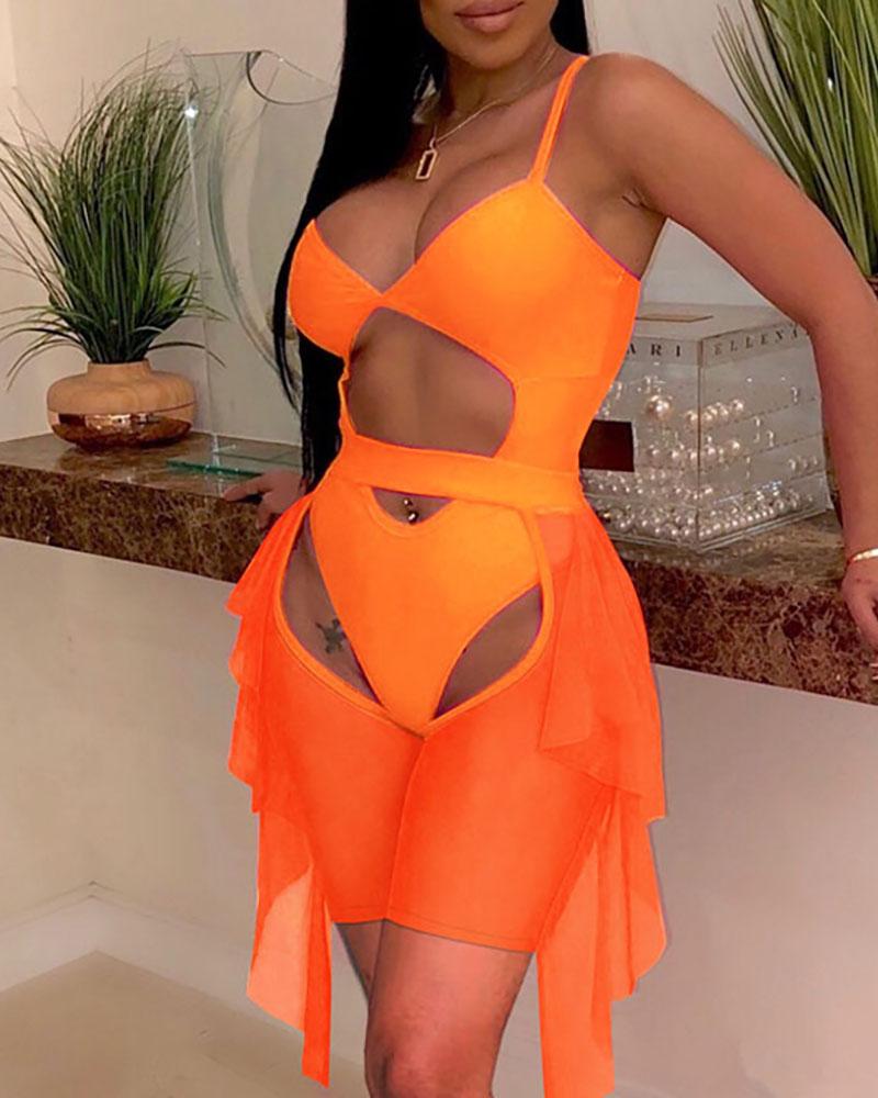 

Cutout Front One Piece Swimsuit With Ruffles Mesh Cover Up Skirt, Orange