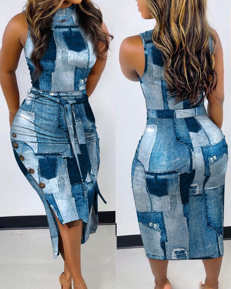 Denim Look Print Sleeveless Bodycon Dress