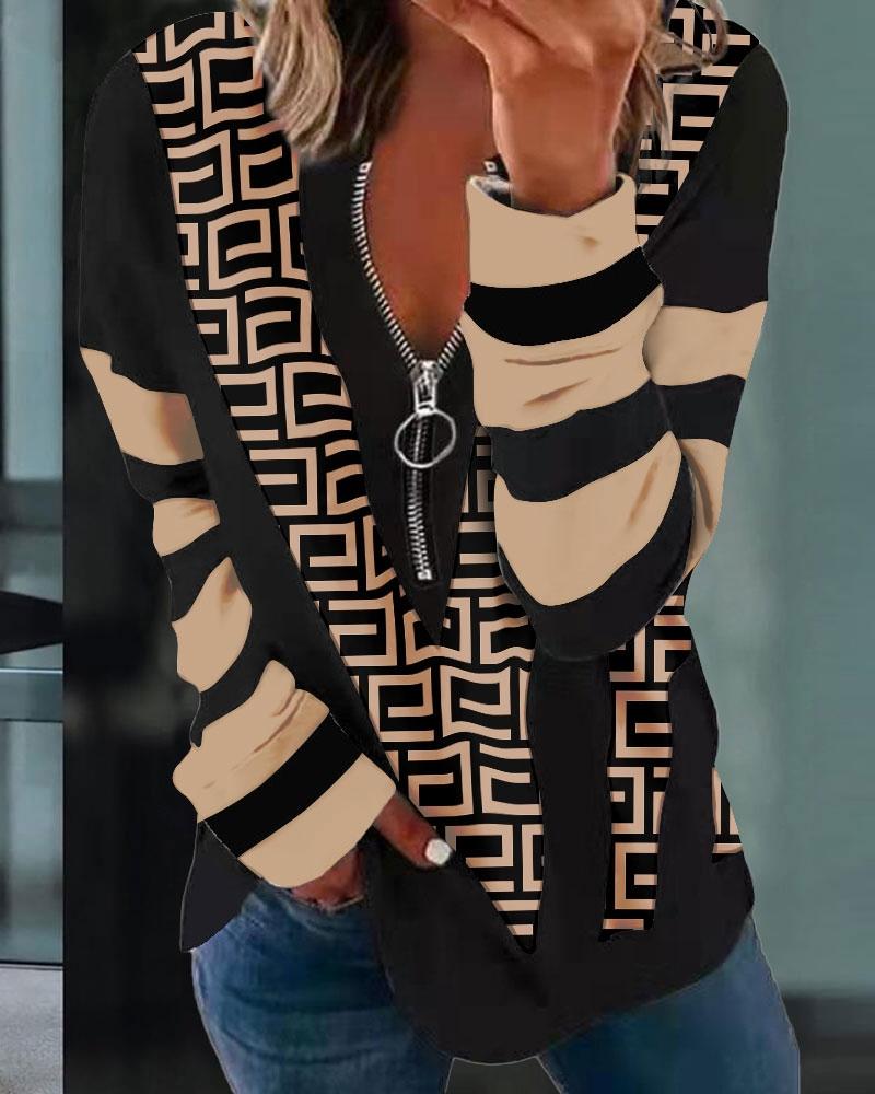 

Geometric Print Zip Front Long Sleeve Top, Khaki