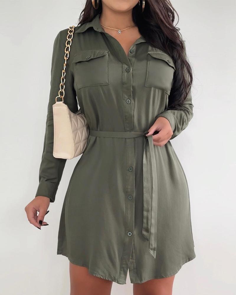 

Buttoned Tied Detail Long Sleeve Shirt Dress, Green