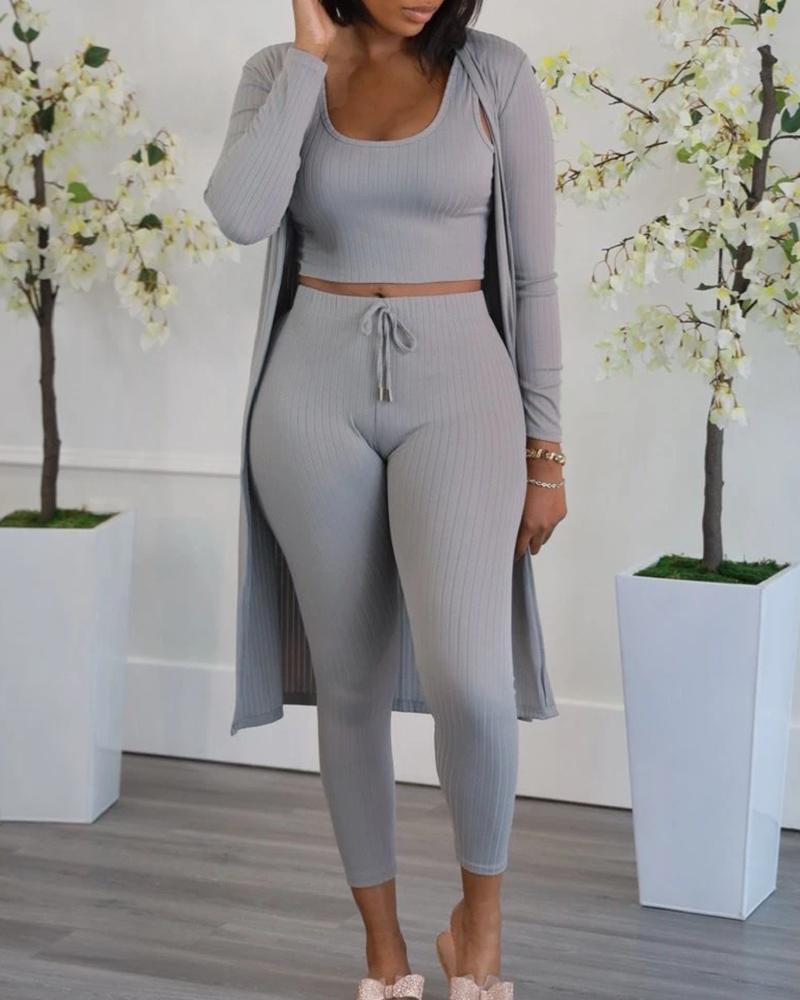 

Sleeveless Crop Top & Drawstring High Waist Pants Set With Coat, Gray