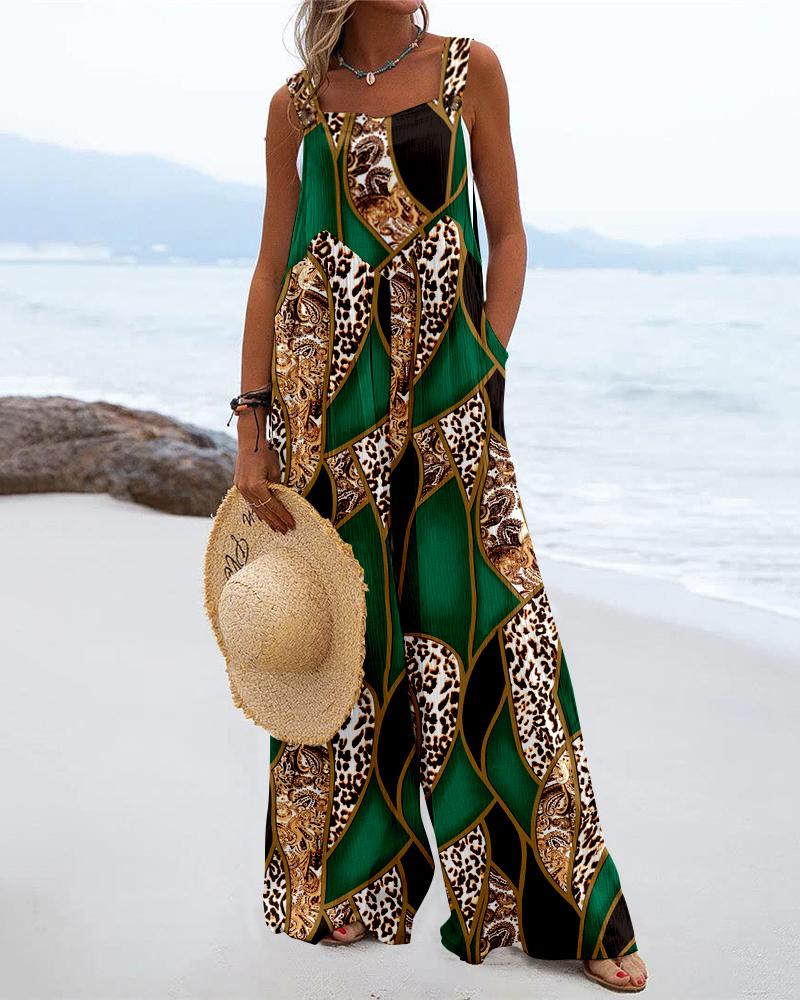 

Baroque Leopard Print Wide Leg Suspender Jumpsuit, Dark green