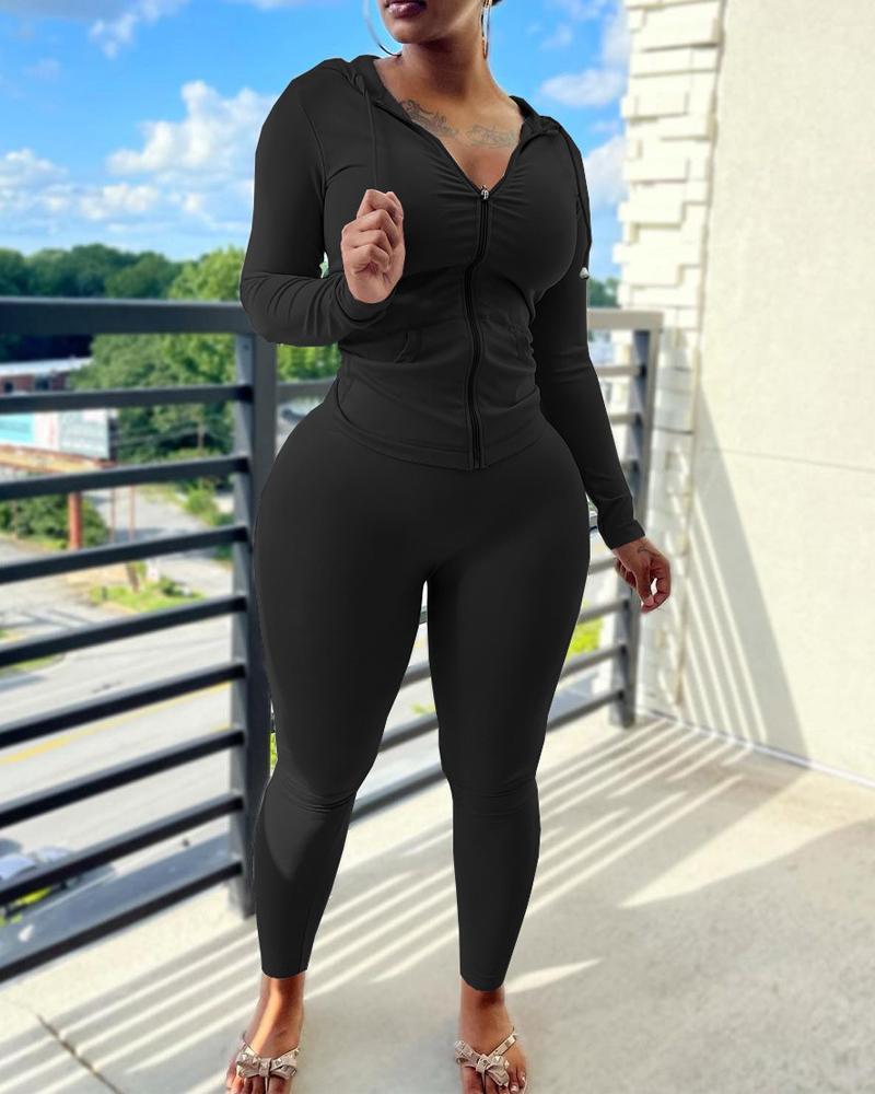 

Long Sleeve Hooded Zip Up Top & Pants Set, Black
