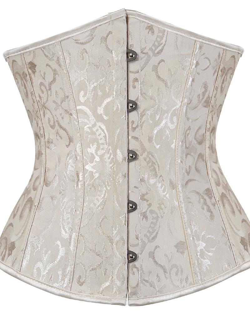 

Baroque Pattern Tummy Control Boned Bustier Corset Lace-up Back Shapewear Top, Apricot