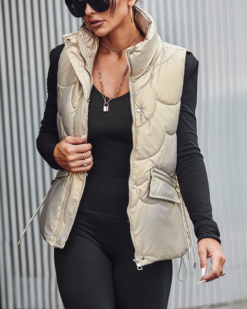 

Quilted Zipper Design Drawstring Vest Puffer Jacket, Champagne