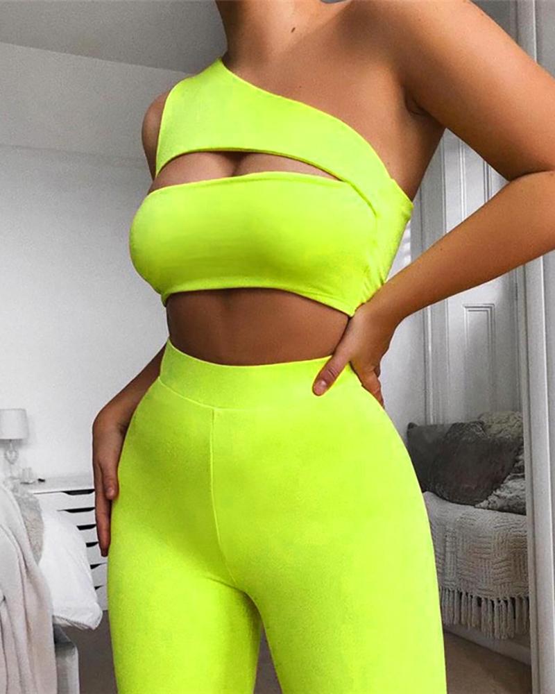 

One Shoulder Cutout Front Tank Top & Shorts Set, Green