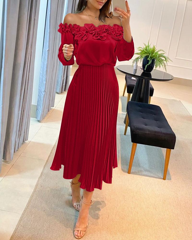 

Off Shoulder Frill Hem Pleated Midi Dress, Red