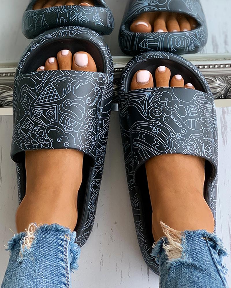 

Open Toe Graphic Print Platform Flat Sandals, Black