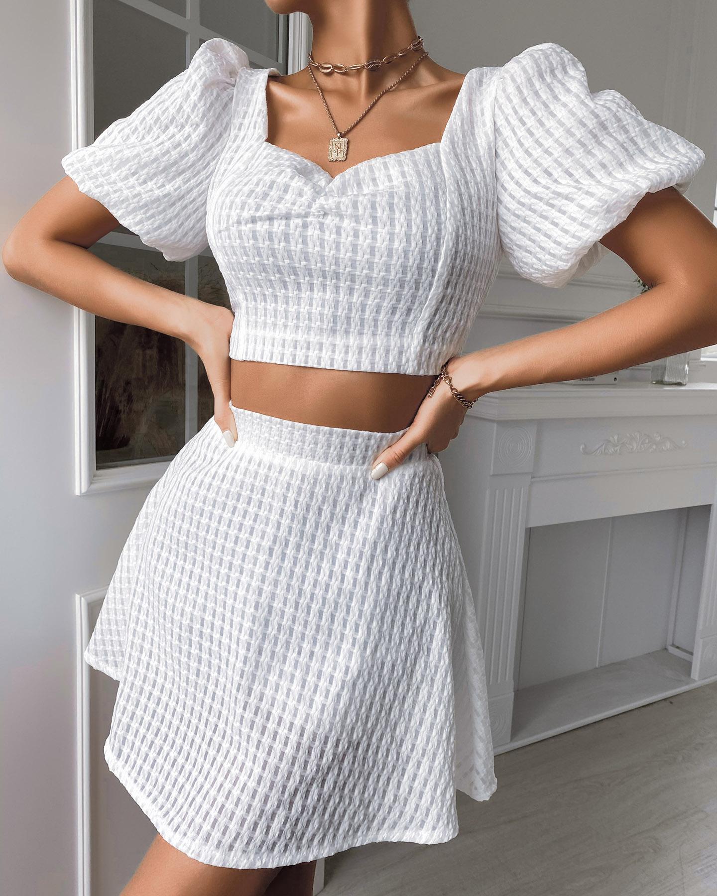 

Puff Sleeve Backless Crop Top & Skirt Set, White