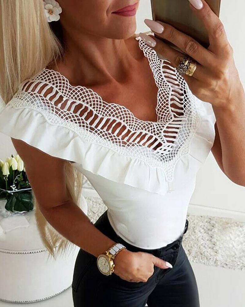 

Hollow Out Lace V Neck White Top