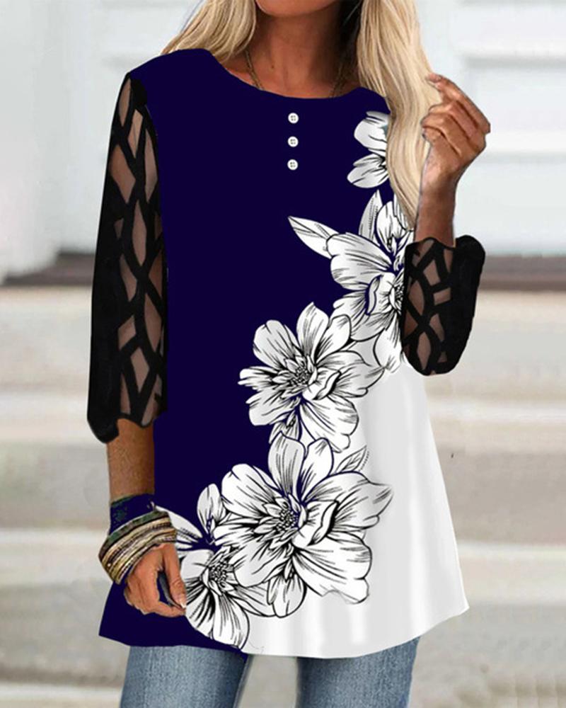 

Floral Print Colorblock Contrast Mesh Top, Blue