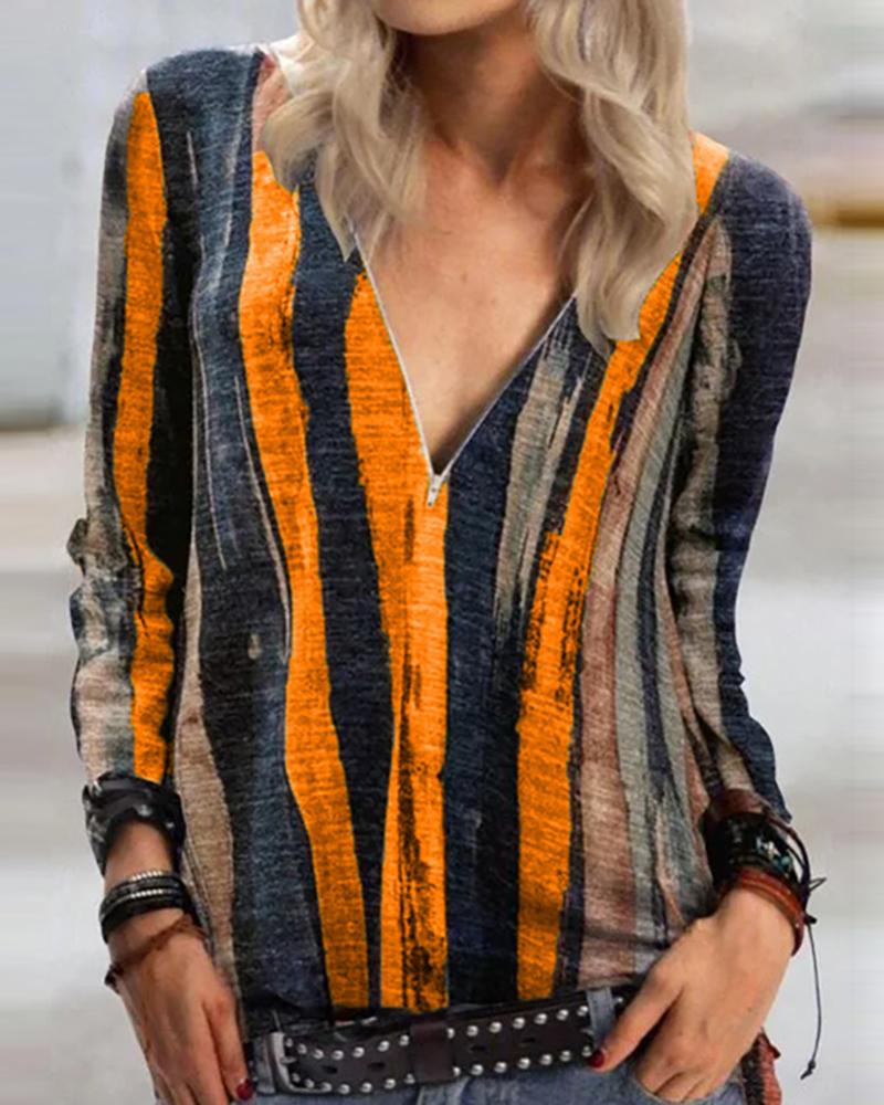 

Colorblock Zipper Design Long Sleeve Top, Orange