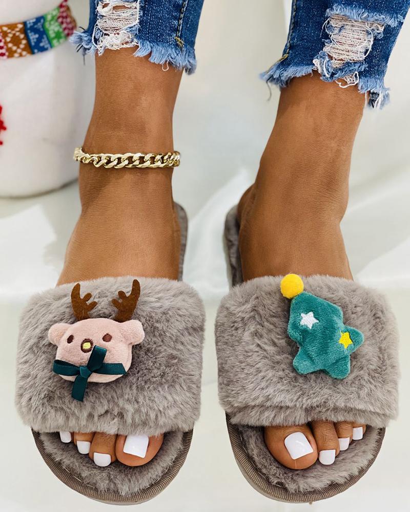 

Christmas Cartoon Deer Tree Pattern Slippers, Khaki