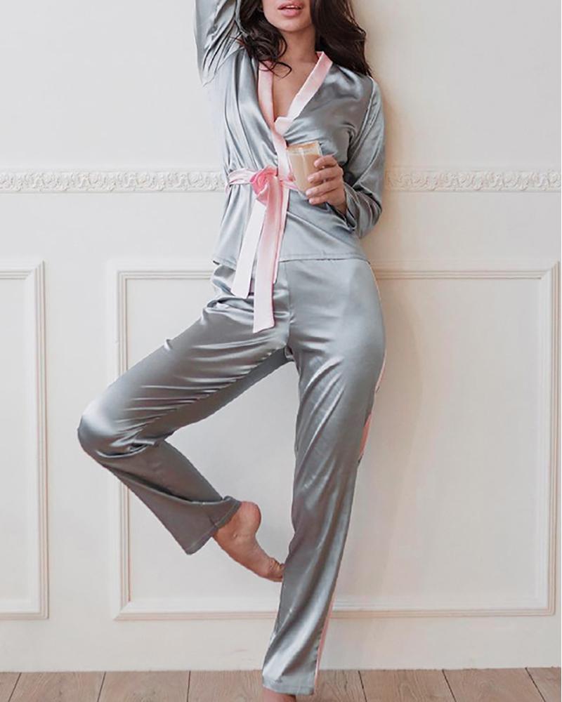 

Contrast Binding Satin Tied Detail Robe & Lounge Pants Set, Pink