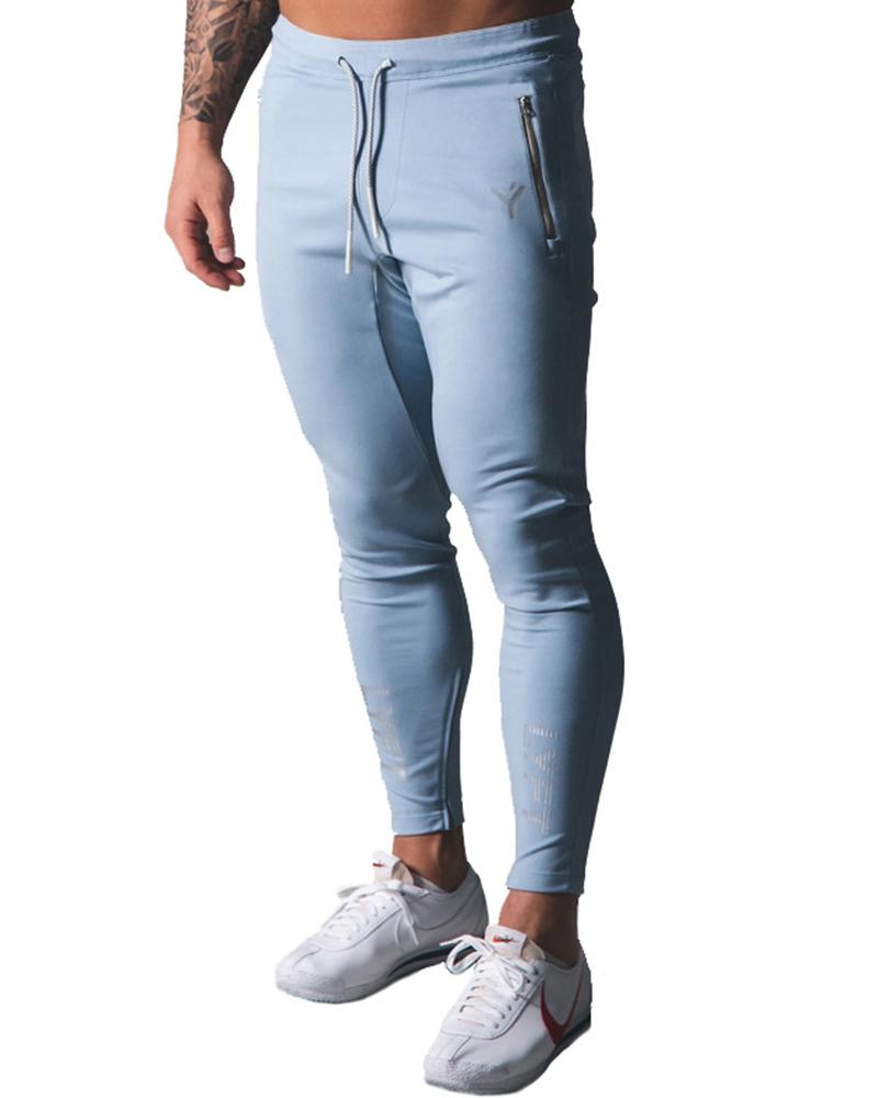 

Solid Drawstring Skinny Feet Pants, Light blue