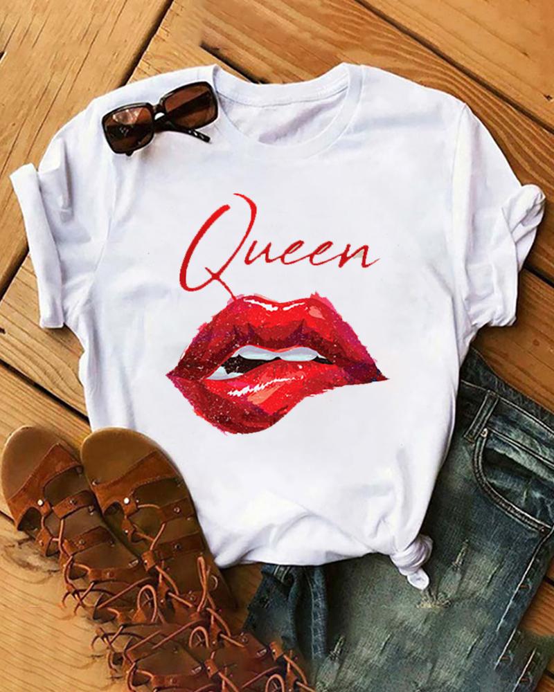 

Queen Letter Lip Print Crew Neck Casual T-shirt, White
