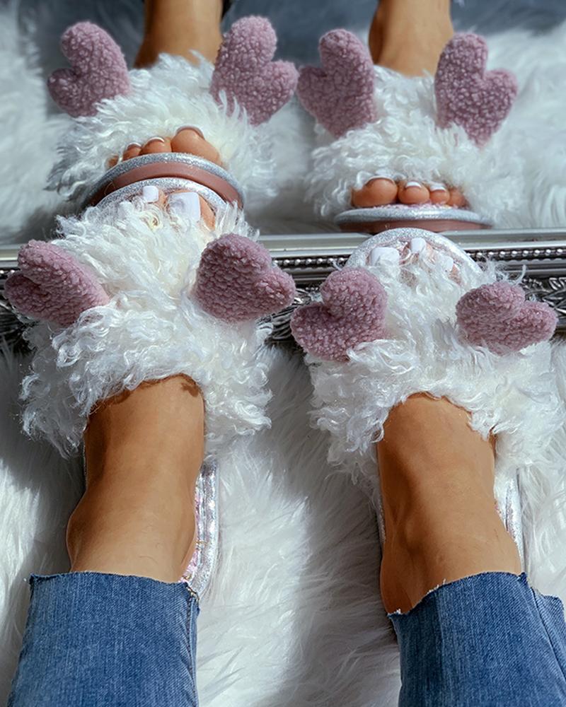 

Fluffy Heart Pattern Flat Slipper, Pink