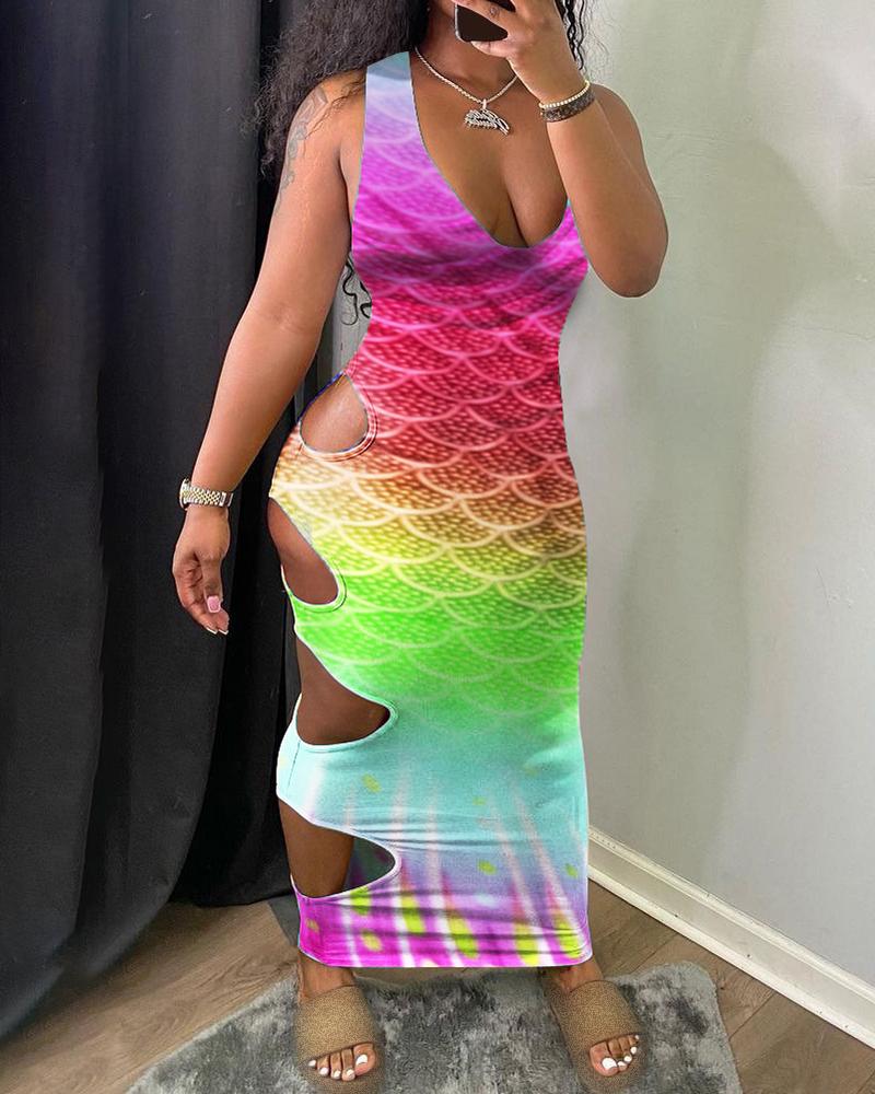 

Thick Strap Tie Dye Print V Neck Cutout Maxi Dress, Purple