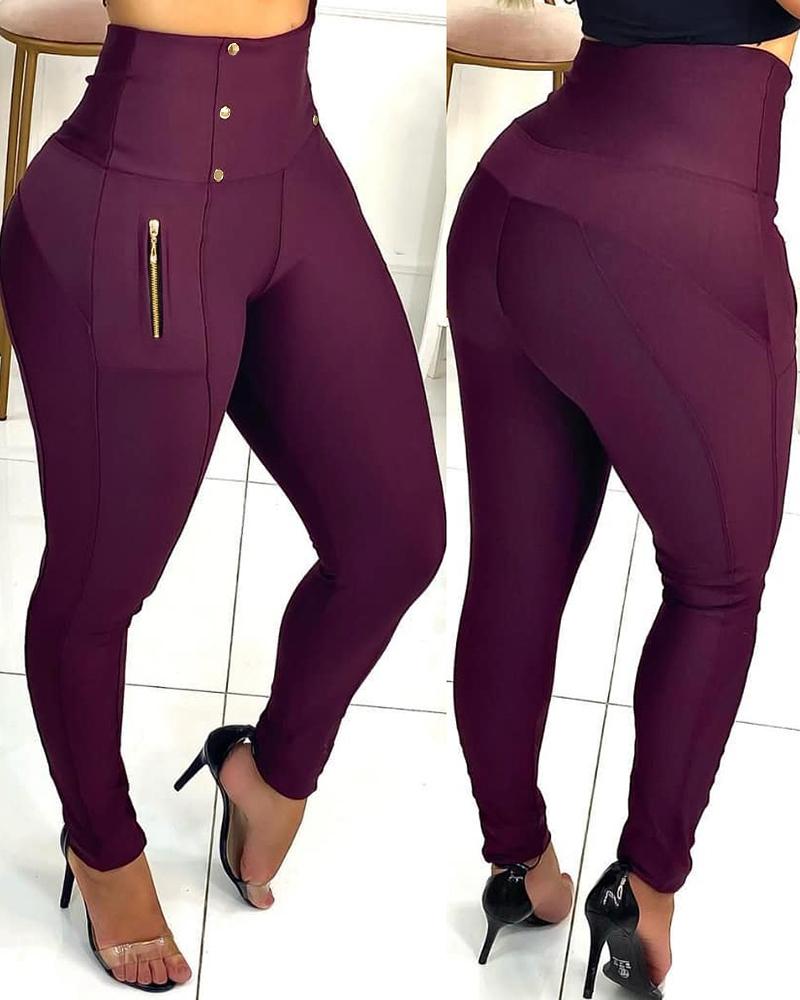 

High Waist Zipper Pocket Design Buttoned Pants, Dark red