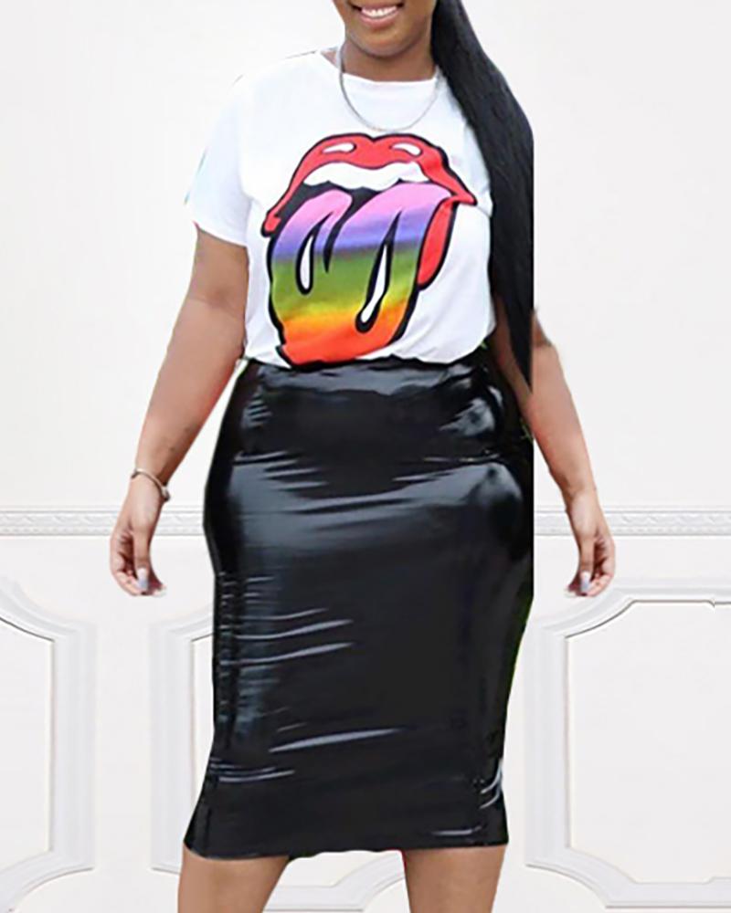 

Lips Print T-Shirt & Solid PU Skirt Sets, Black