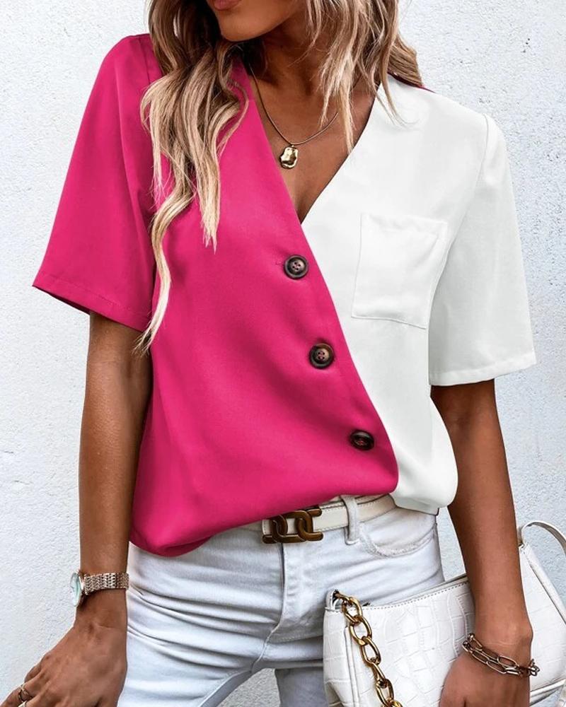 

Button Pocket Design V-Neck Blouse, Hot pink