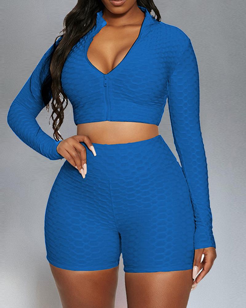 

Solid Long Sleeve Cropped Tops With Shorts Suit Sets, Blue