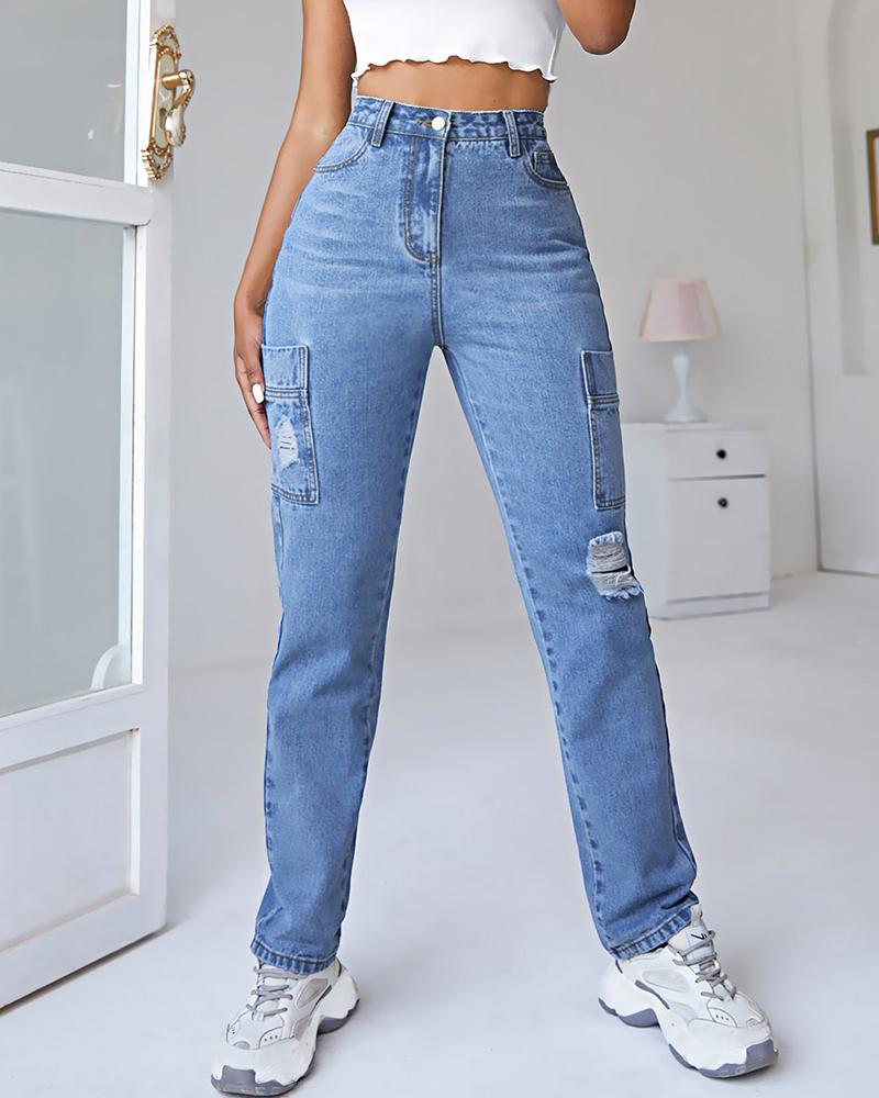 

High Waist Single Button Ripped Cutout Jeans, Blue