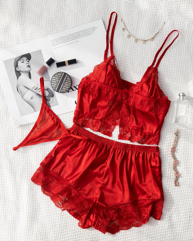 

Spaghetti Strap Lace Trim Slit Cami Set, Red