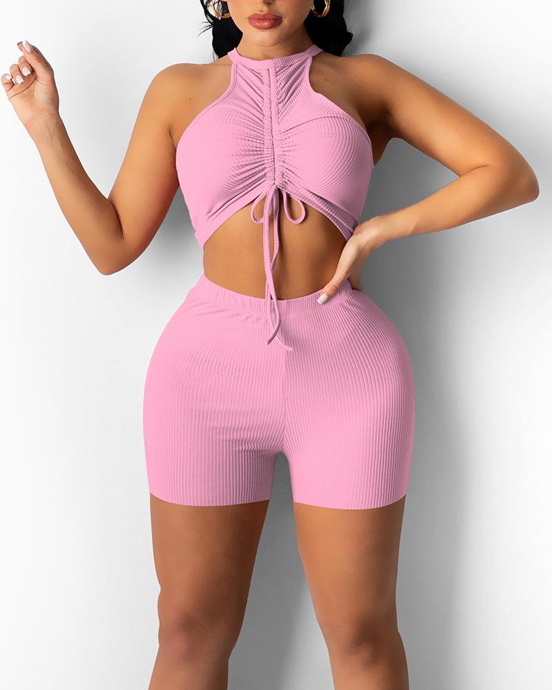 

Solid Color Ruched Ribbed Sleeveless Skinny Cropped Top With Short Pants Suit Sets, Pink