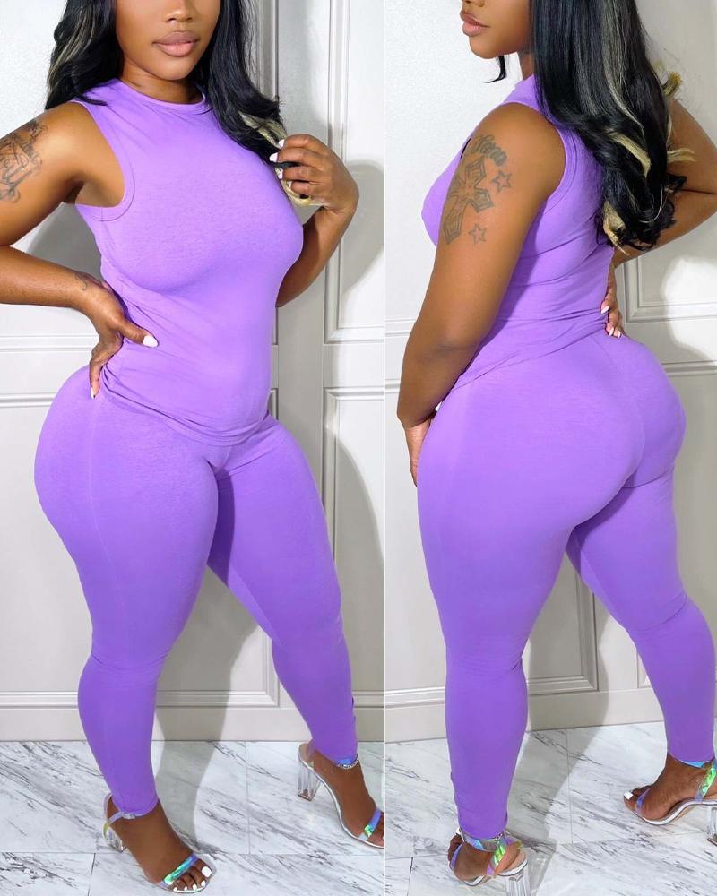 

Basic Tank Top & Skinny Pants Set, Purple