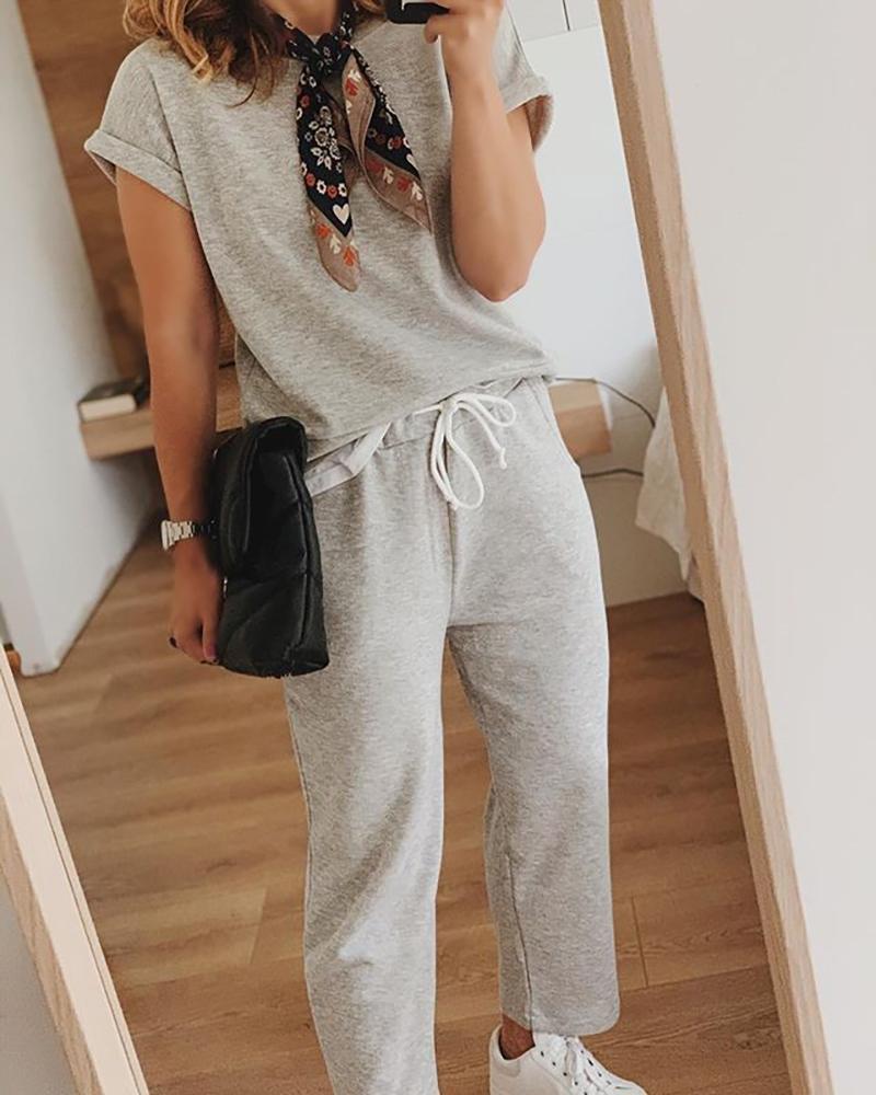 

Short Sleeve T-shirt & Pocket Design Drawstring Pants Set, Gray