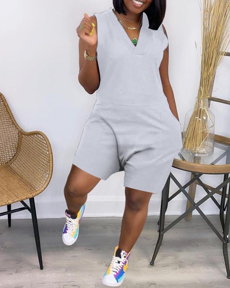 

Pocket Design V-Neck Sleeveless Romper, Gray