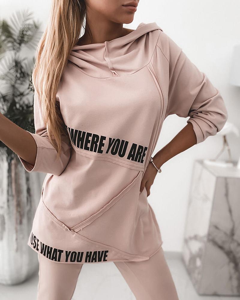 

Letter Print Long Sleeve Hooded Women Top & Drawstring Pants Set, Light pink