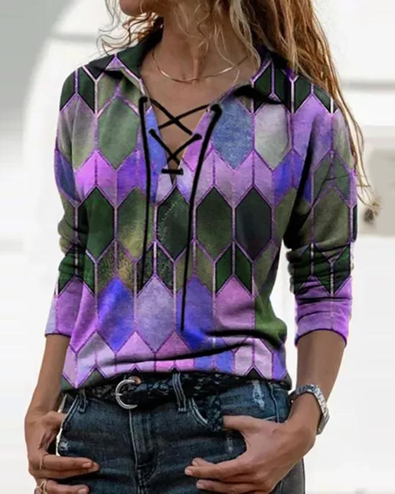 

Geo Print Colorblock Lace Up T-shirt, Purple