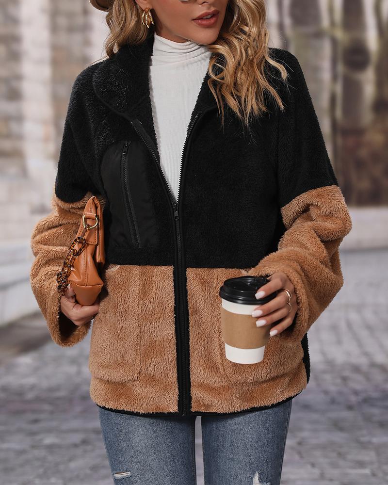

Colorblock Long Sleeve Zip Up Teddy Coat, Khaki