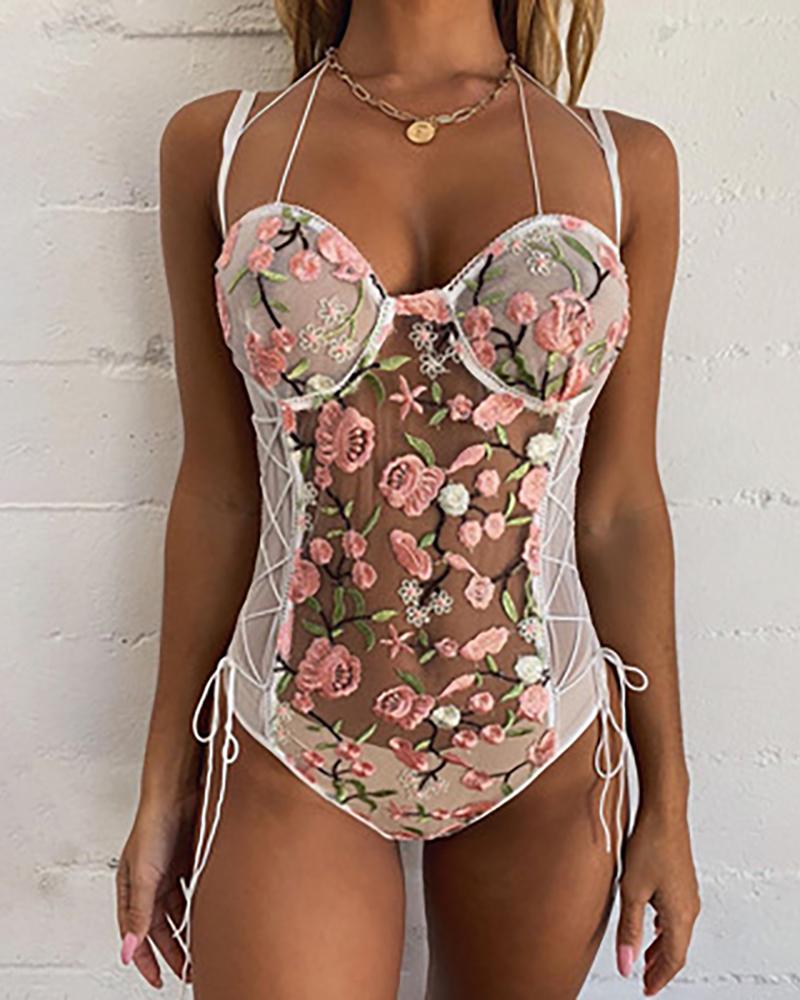 

Lace-up Sheer Mesh Floral Embroidery Teddy, White