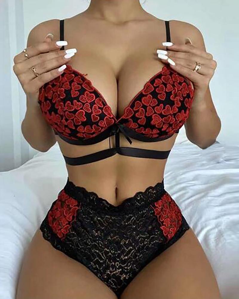 

Heart Embroidery Crochet Lace Lingerie Set, Red