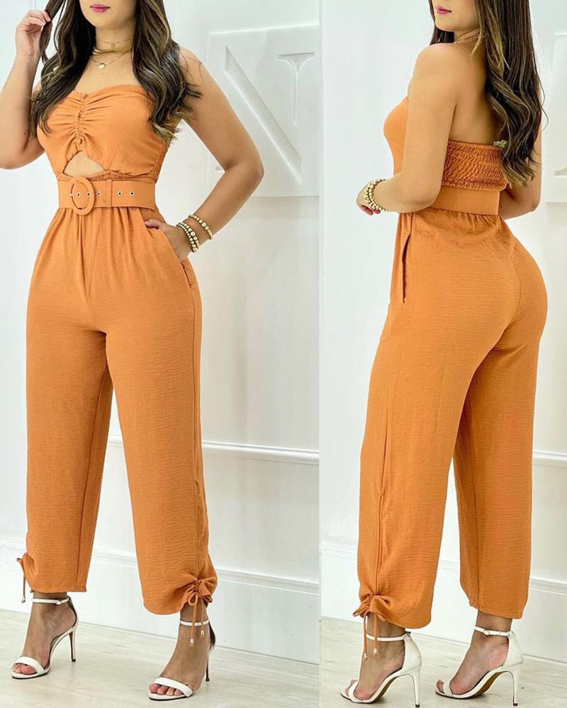 

Bandeau Ruched Cutout Front Drawstring Jumpsuit, Khaki
