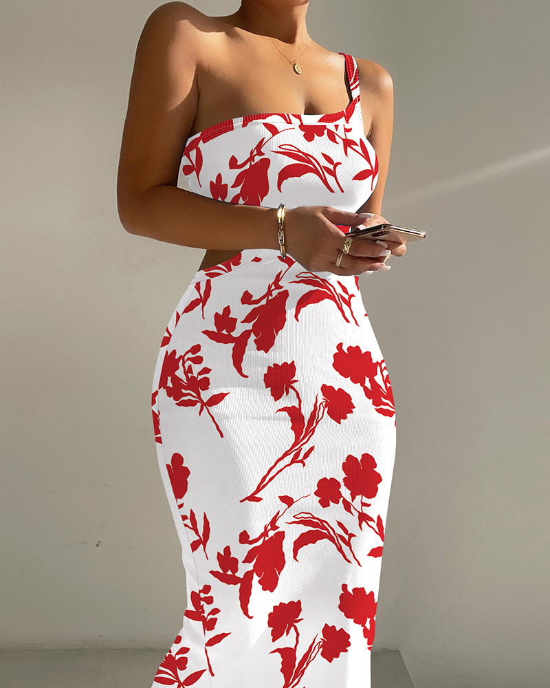 

Floral Print One Shoulder Cutout Ribbed Bodycon Dress, Red