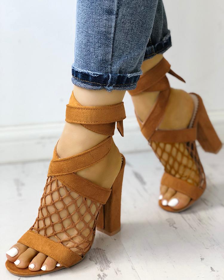 

Hollow Out Lace-up Chunky Sandals, Khaki