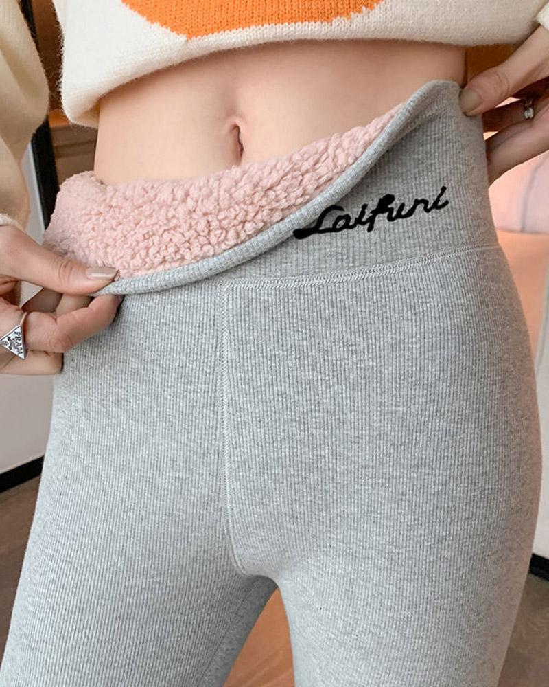 

Letter Embroidery High Waist Thermal Warm Fleece Lined Leggings, Light gray